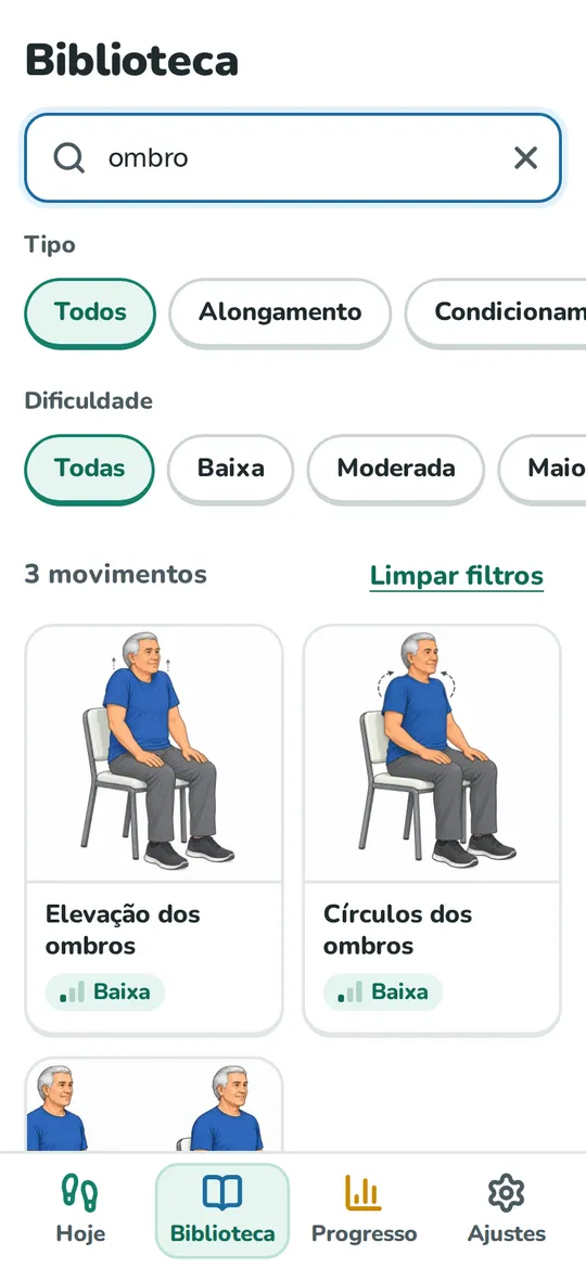 Tela Biblioteca com a busca ombro, filtros por tipo e dificuldade e os movimentos Elevação dos ombros e Círculos dos ombros.
