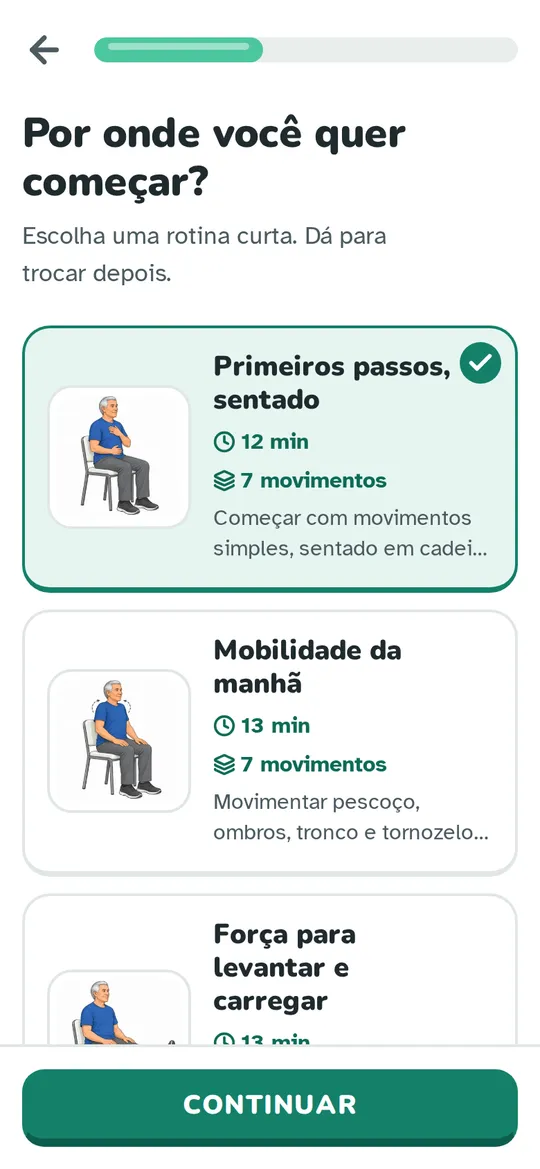Tela Por onde você quer começar?, com as rotinas Primeiros passos sentado (12 min, 7 movimentos), Mobilidade da manhã (13 min, 7 movimentos) e Força para levantar e carregar (13 min, 7 movimentos).