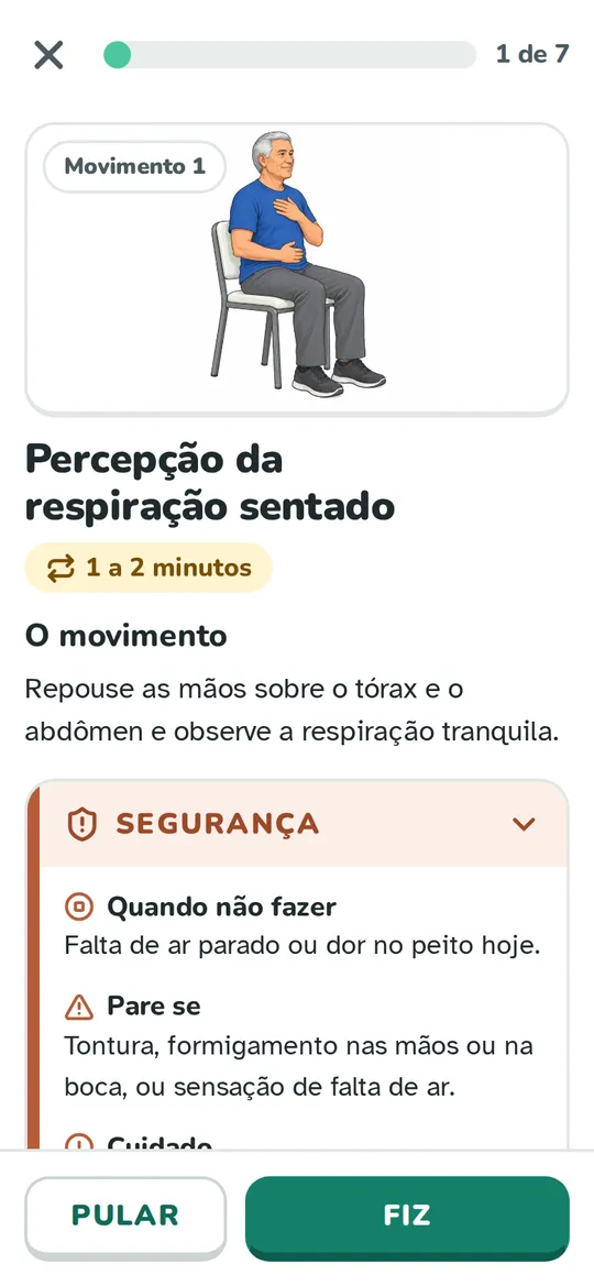 Tela da rotina: movimento 1 de 7, com desenho, quantidade, o movimento e o bloco Segurança, e os botões Pular e Fiz.